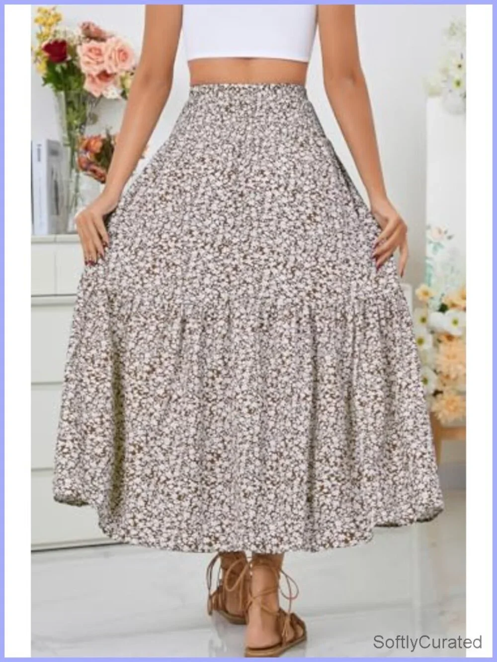 Boho Maxi Skirt Floral Smocked High Waist Long Skirts with Pockets Flowy Beach